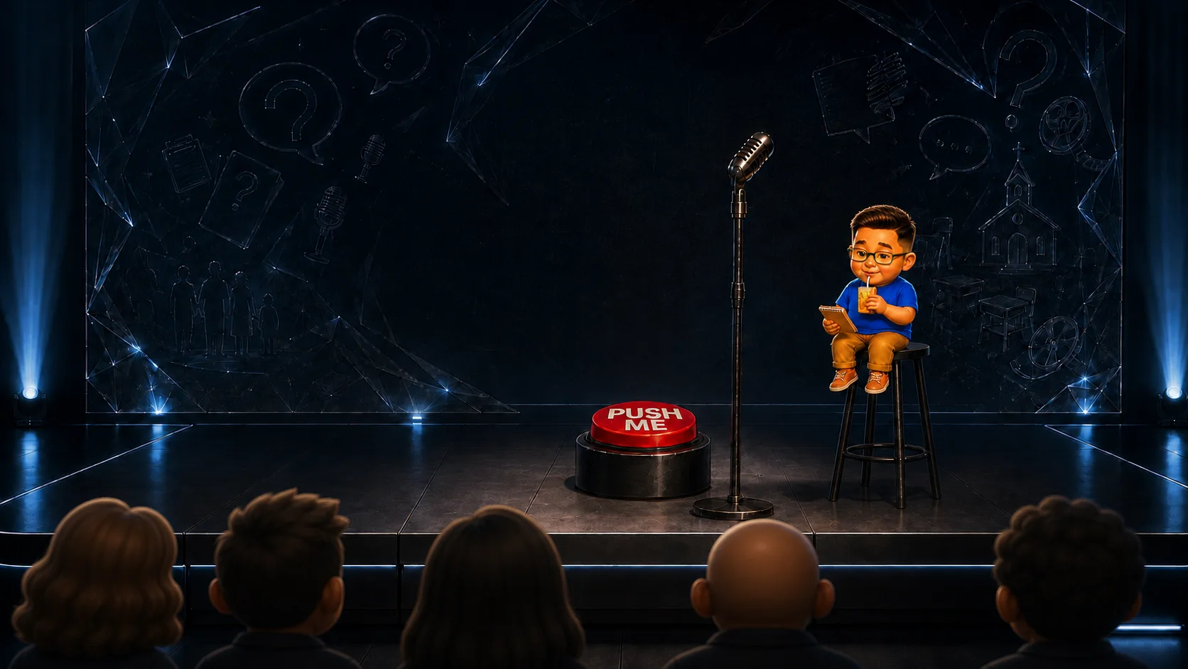 Silly Sam sitting on a tall stool with his feet dangling, holding his notepad and juice box