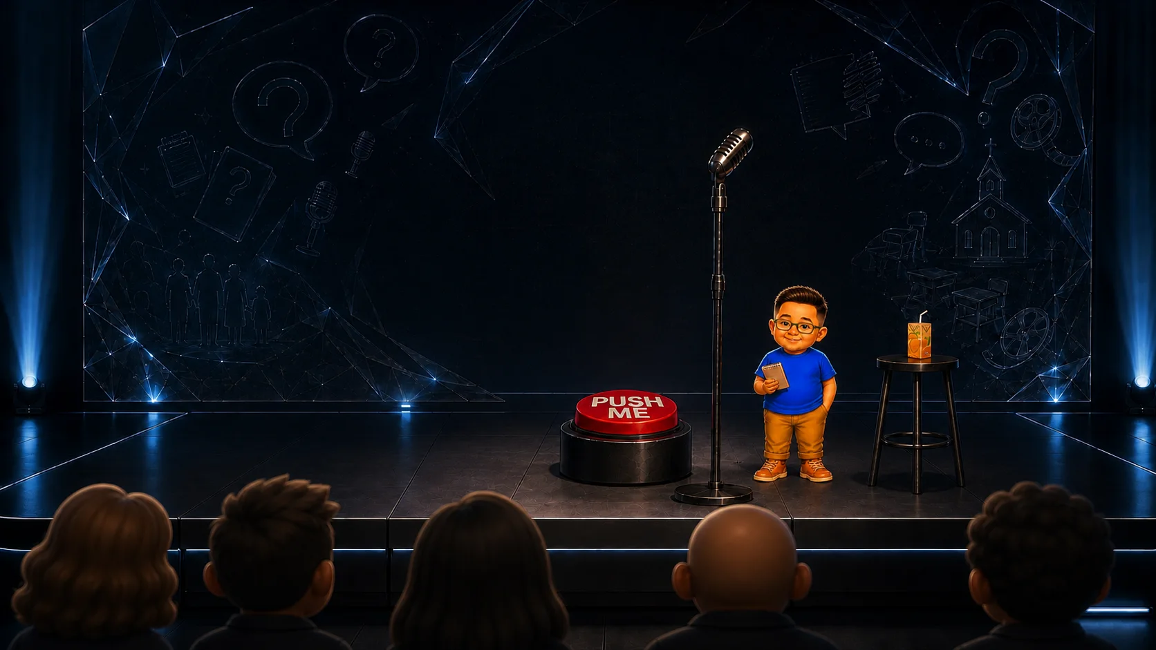 Silly Sam standing beside an extra-tall microphone and red joke button